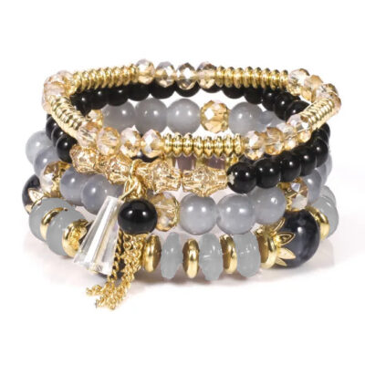 Bohemian Multicolor Rhinestones Glass Pearl - Alloy Bracelets - Black and Grey